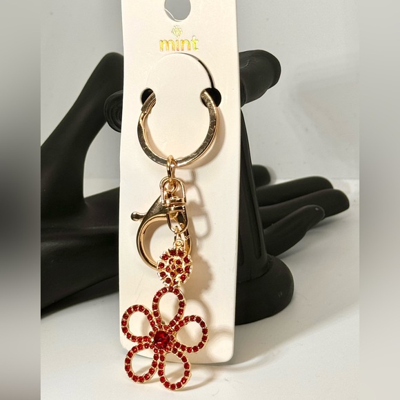 Crystal Flower Keychain Charm - Red & Gold Accent - Picture 5 of 7